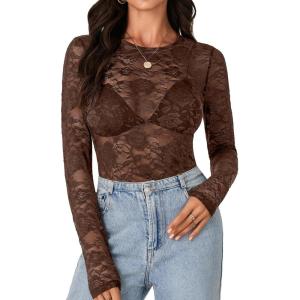 imageLYANER Womens Sexy Mesh Top Floral Long Sleeve See Through Shirt Lace Sheer BlousesDark Brown