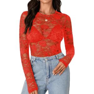 imageLYANER Womens Sexy Mesh Top Floral Long Sleeve See Through Shirt Lace Sheer BlousesRed