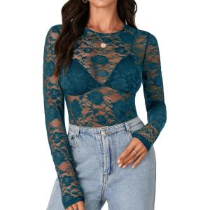 imageLYANER Womens Sexy Mesh Top Floral Long Sleeve See Through Shirt Lace Sheer BlousesTeal Blue