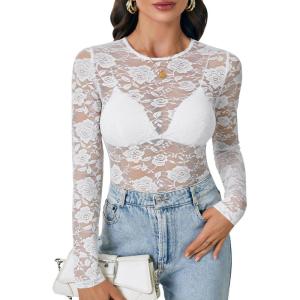 imageLYANER Womens Sexy Mesh Top Floral Long Sleeve See Through Shirt Lace Sheer BlousesWhite