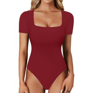 imageLYANER Womens Square Neck Bodysuit Short Sleeve Sexy Slim Fit Shirt Leotard TopBurgundy