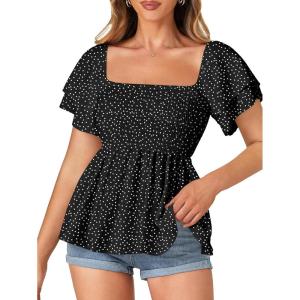 imageLYANER Womens Square Neck Smocked Peplum Top Ruffle Short Sleeve Babydoll Shirred BlousePolka Dots Black