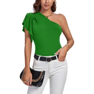 imageLYANER Womens Summer Elegant One Shoulder Ruched Ruffle Short Sleeve Blouse TopArmy Green