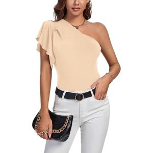 imageLYANER Womens Summer Elegant One Shoulder Ruched Ruffle Short Sleeve Blouse TopBeige