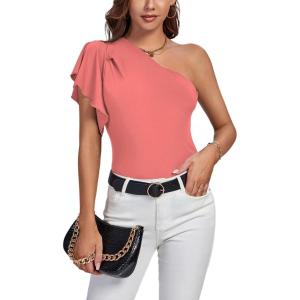 imageLYANER Womens Summer Elegant One Shoulder Ruched Ruffle Short Sleeve Blouse TopCoral Pink