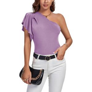 imageLYANER Womens Summer Elegant One Shoulder Ruched Ruffle Short Sleeve Blouse TopLight Purple