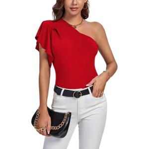 imageLYANER Womens Summer Elegant One Shoulder Ruched Ruffle Short Sleeve Blouse TopRed