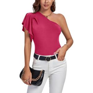 imageLYANER Womens Summer Elegant One Shoulder Ruched Ruffle Short Sleeve Blouse TopRose