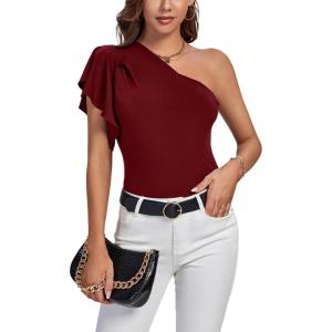 imageLYANER Womens Summer Elegant One Shoulder Ruched Ruffle Short Sleeve Blouse TopWine Red