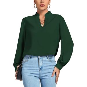 imageLYANER Womens V Neck Shirred Long Sleeve Office Elegant Tunic Blouse TopDark Green