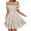 imageLYANER Womens Tie Back Off Shoulder Wrap Layer Ruffle Short Sleeve Mini DressBeige Print
