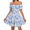 imageLYANER Womens Tie Back Off Shoulder Wrap Layer Ruffle Short Sleeve Mini DressBlue White Print
