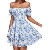 imageLYANER Womens Tie Back Off Shoulder Wrap Layer Ruffle Short Sleeve Mini DressBlue White Print