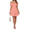 imageLYANER Womens Tie Back Off Shoulder Wrap Layer Ruffle Short Sleeve Mini DressCoral Pink