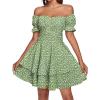imageLYANER Womens Tie Back Off Shoulder Wrap Layer Ruffle Short Sleeve Mini DressGrass Green Print