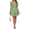 imageLYANER Womens Tie Back Off Shoulder Wrap Layer Ruffle Short Sleeve Mini DressGrass Green Print