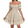 imageLYANER Womens Tie Back Off Shoulder Wrap Layer Ruffle Short Sleeve Mini DressKhaki Print