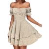 imageLYANER Womens Tie Back Off Shoulder Wrap Layer Ruffle Short Sleeve Mini DressKhaki Print