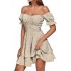 imageLYANER Womens Tie Back Off Shoulder Wrap Layer Ruffle Short Sleeve Mini DressKhaki Print