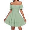 imageLYANER Womens Tie Back Off Shoulder Wrap Layer Ruffle Short Sleeve Mini DressLight Green