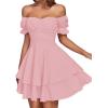 imageLYANER Womens Tie Back Off Shoulder Wrap Layer Ruffle Short Sleeve Mini DressPlain Dusty Pink