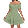 imageLYANER Womens Tie Back Off Shoulder Wrap Layer Ruffle Short Sleeve Mini DressPlain Light Green