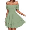 imageLYANER Womens Tie Back Off Shoulder Wrap Layer Ruffle Short Sleeve Mini DressPlain Light Green
