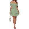 imageLYANER Womens Tie Back Off Shoulder Wrap Layer Ruffle Short Sleeve Mini DressPlain Light Green
