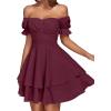 imageLYANER Womens Tie Back Off Shoulder Wrap Layer Ruffle Short Sleeve Mini DressPure Dark Red