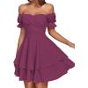 imageLYANER Womens Tie Back Off Shoulder Wrap Layer Ruffle Short Sleeve Mini DressPurplish Red