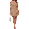 imageLYANER Womens Tie Back Off Shoulder Wrap Layer Ruffle Short Sleeve Mini DressSloid Khaki
