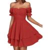 imageLYANER Womens Tie Back Off Shoulder Wrap Layer Ruffle Short Sleeve Mini DressSloid Red