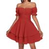 imageLYANER Womens Tie Back Off Shoulder Wrap Layer Ruffle Short Sleeve Mini DressSloid Red