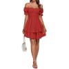 imageLYANER Womens Tie Back Off Shoulder Wrap Layer Ruffle Short Sleeve Mini DressSloid Red