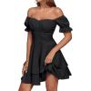 imageLYANER Womens Tie Back Off Shoulder Wrap Layer Ruffle Short Sleeve Mini DressSolid Black