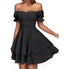 imageLYANER Womens Tie Back Off Shoulder Wrap Layer Ruffle Short Sleeve Mini DressSolid Black