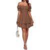 imageLYANER Womens Tie Back Off Shoulder Wrap Layer Ruffle Short Sleeve Mini DressSolid Dark Brown