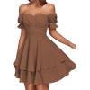 imageLYANER Womens Tie Back Off Shoulder Wrap Layer Ruffle Short Sleeve Mini DressSolid Dark Brown