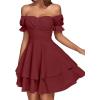imageLYANER Womens Tie Back Off Shoulder Wrap Layer Ruffle Short Sleeve Mini DressSolid Dark Red