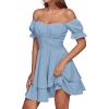 imageLYANER Womens Tie Back Off Shoulder Wrap Layer Ruffle Short Sleeve Mini DressSolid Light Blue