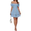 imageLYANER Womens Tie Back Off Shoulder Wrap Layer Ruffle Short Sleeve Mini DressSolid Light Blue