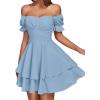 imageLYANER Womens Tie Back Off Shoulder Wrap Layer Ruffle Short Sleeve Mini DressSolid Light Blue