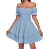 imageLYANER Womens Tie Back Off Shoulder Wrap Layer Ruffle Short Sleeve Mini DressSolid Light Blue
