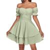 imageLYANER Womens Tie Back Off Shoulder Wrap Layer Ruffle Short Sleeve Mini DressSolid Light Green