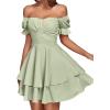 imageLYANER Womens Tie Back Off Shoulder Wrap Layer Ruffle Short Sleeve Mini DressSolid Light Green