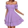 imageLYANER Womens Tie Back Off Shoulder Wrap Layer Ruffle Short Sleeve Mini DressSolid Light Purple