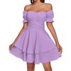 imageLYANER Womens Tie Back Off Shoulder Wrap Layer Ruffle Short Sleeve Mini DressSolid Light Purple
