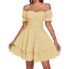 imageLYANER Womens Tie Back Off Shoulder Wrap Layer Ruffle Short Sleeve Mini DressSolid Light Yellow