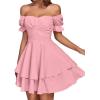 imageLYANER Womens Tie Back Off Shoulder Wrap Layer Ruffle Short Sleeve Mini DressSolid Pink