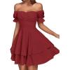 imageLYANER Womens Tie Back Off Shoulder Wrap Layer Ruffle Short Sleeve Mini DressSolid Wine Red